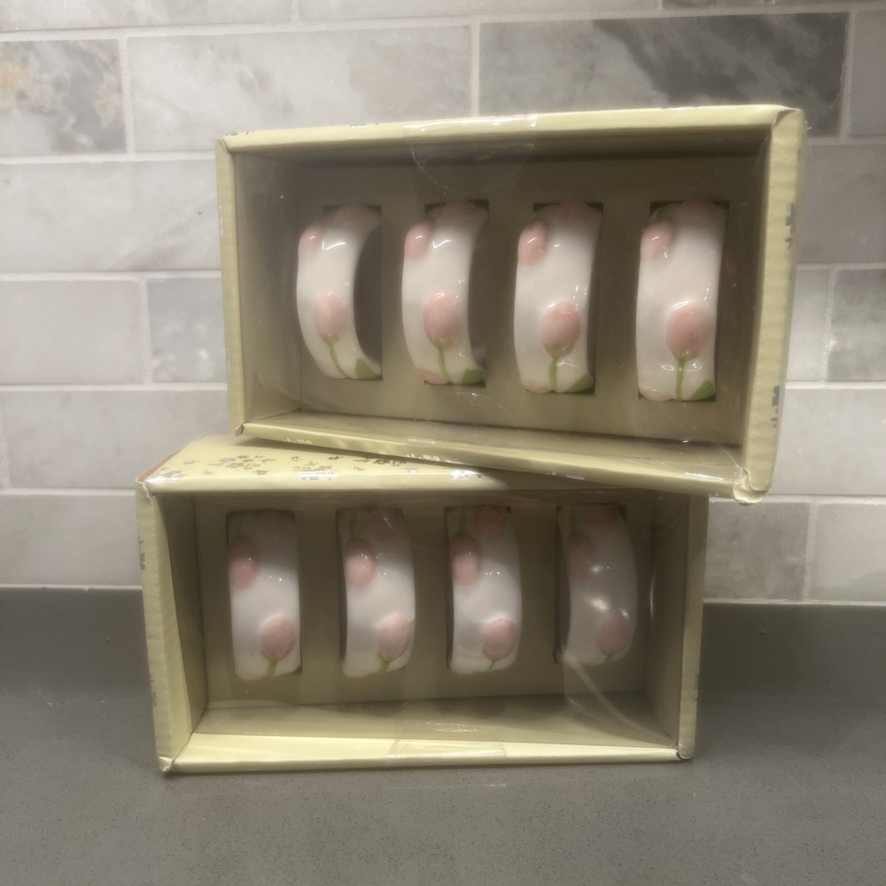 8-NEW-Basil & Bloom Napkin Ring Holders White Ceramic Pink Tulips